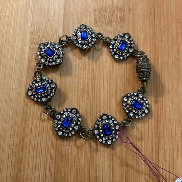 Hand Crafted Bracelet Blue Crystals Clear Rhinestones Bronze Magnetic Clasp - Picture 2 of 9